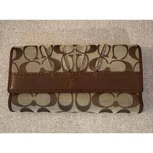 Coach Vintage Brown Leather Canvas Trifold Wallet with Snap Closure and Zip